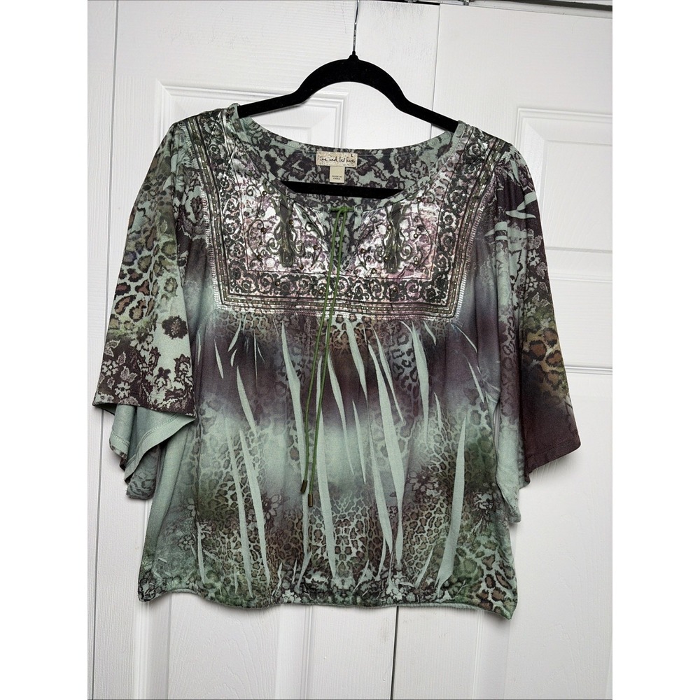 Live and Let Live Boho Embellished Blouse Womens Size L Green‎ Animal Print Y2K